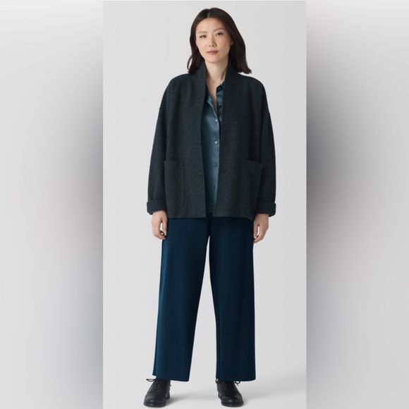 Eileen Fisher | Lightweight Boiled 100% Wool High Collar Jacket Charcoal Large - Picture 1 of 8